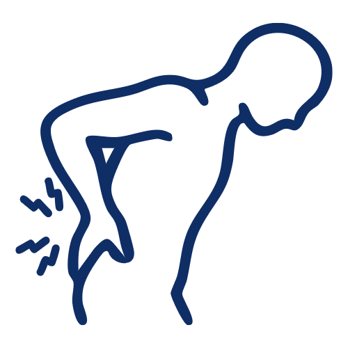 Icon of a person standing in a side profile with one arm bent forward, symbolizing chiropractic care. A mirrored outline of the person is shown behind them, slightly offset to the right, creating an impression of movement or pain relief. The background is light grey.