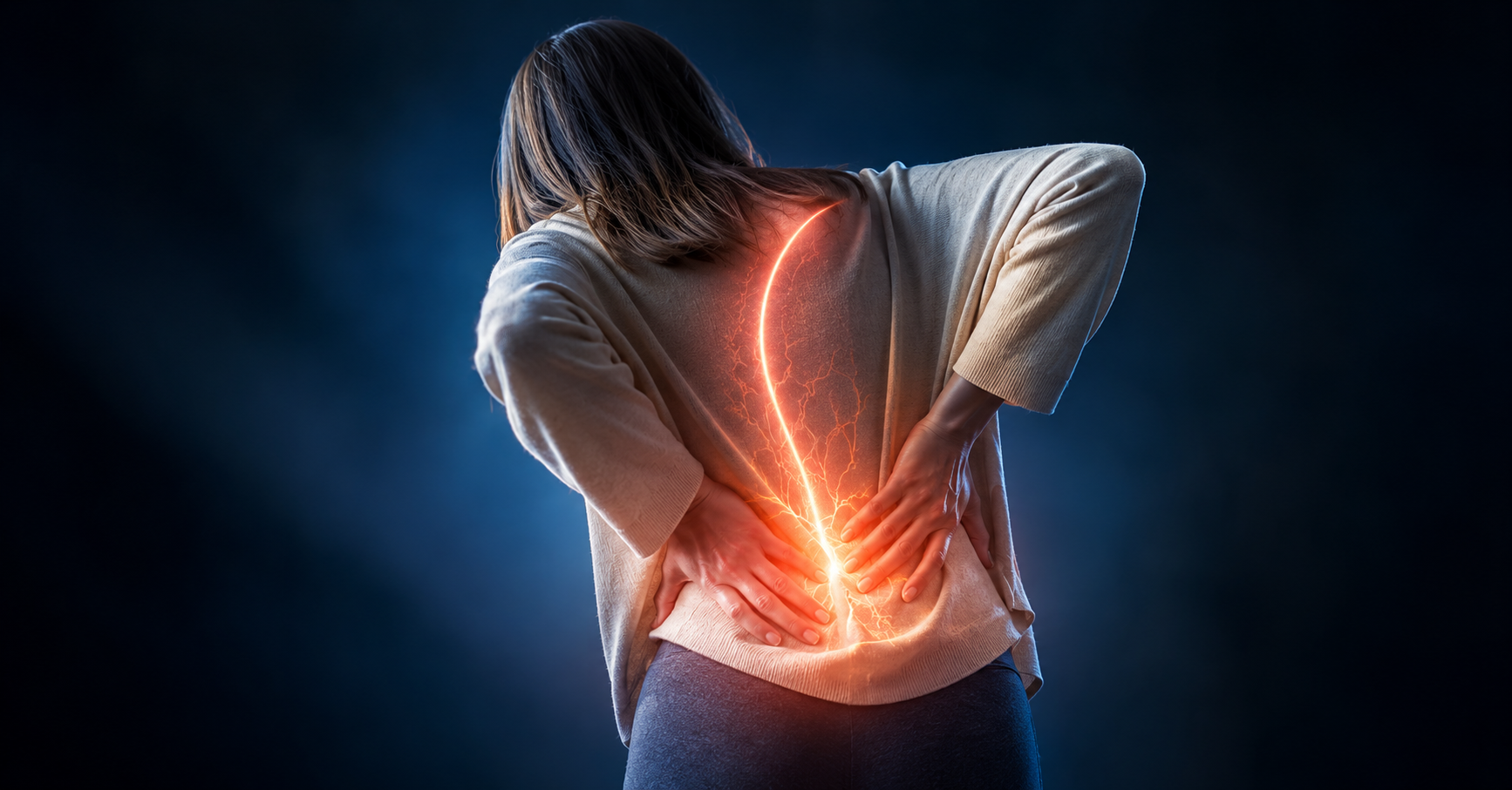 A chiropractor in a blue shirt is providing chiropractic care by adjusting the back of a woman lying on her side on a chiropractic table. The woman, dressed in a white tank top and black shorts with her hair tied back, looks relaxed as she receives pain relief at the health center.