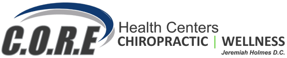 Logo for CORE Health Centers Chiropractic Wellness featuring a stylized graphic on the left. Text reads "C.O.R.E" with "Health Centers" and "Chiropractic Wellness" in smaller text to the right. "Jeremiah Holmes D.C., Chiropractor" is at the bottom right.