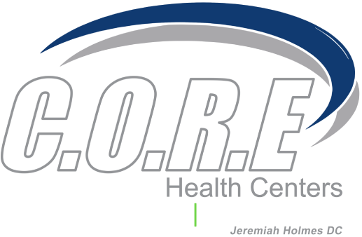 Logo of C.O.R.E. Health Centers. The text "C.O.R.E." is in large, bold letters with a swooping blue and gray arc above it. Below, smaller text reads "Health Centers" with a green line, highlighting their focus on chiropractic care and pain relief.