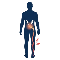 Icon of a person standing in a side profile with one arm bent forward, symbolizing chiropractic care. A mirrored outline of the person is shown behind them, slightly offset to the right, creating an impression of movement or pain relief. The background is light grey.
